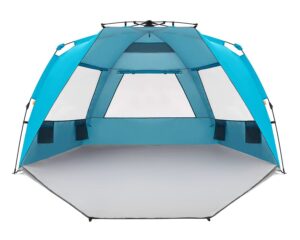 easthills outdoors instant shader enhanced deluxe xl beach tent easy set up 4-6 person popup sun shelter 99" wide for family upf 50+ double silver coating with extended zippered floor pacific blue