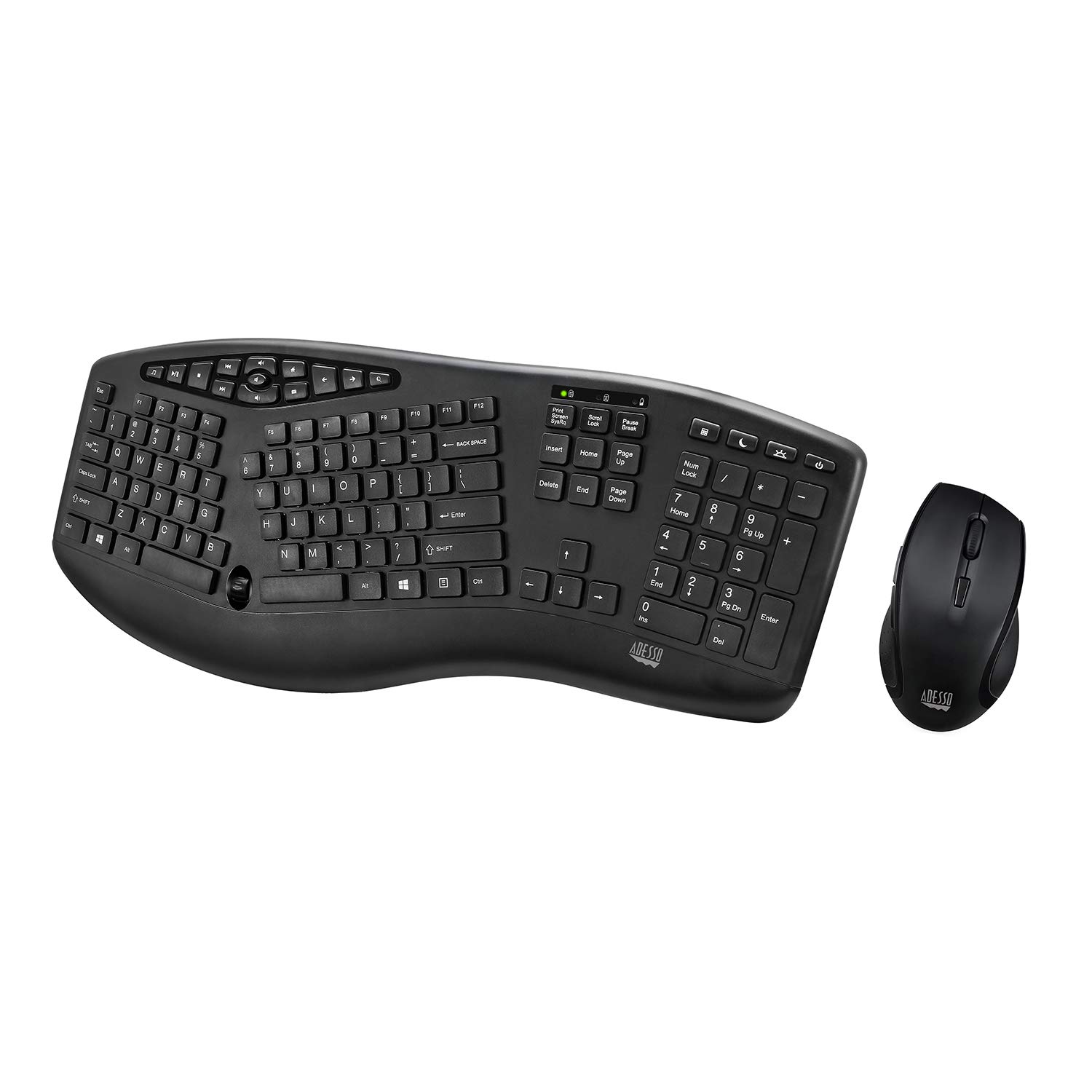 Adesso Truform Media 1600 (WKB-1600CB) 2.4GHz RF Wireless Ergonomic Keyboard and Optical Mouse , Multi-Media Keys and Adjustable DPI Mouse 5 Million Keystrokes Black