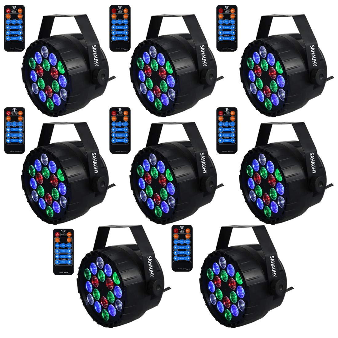 DJ Lights,SAHAUHY 18 LED Professional Stage Lights RGBW Mixed Effect Up Lights with Remote Control Sound Activated LED Par Lights for Party Club Wedding Church Christmas(8Packs)