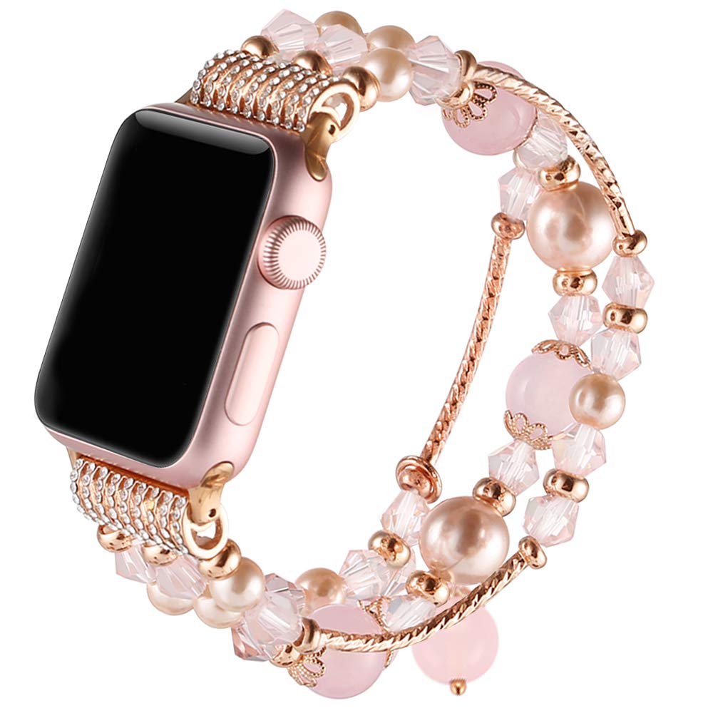 Suppeak Band Compatible with Apple Watch 38mm 40mm 41mm, Women Girl Elastic Handmade Pearl Bracelet Replacement for Series SE 7 6 5 4 3 2 1, Pink