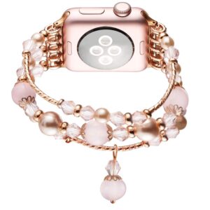 Suppeak Band Compatible with Apple Watch 38mm 40mm 41mm, Women Girl Elastic Handmade Pearl Bracelet Replacement for Series SE 7 6 5 4 3 2 1, Pink