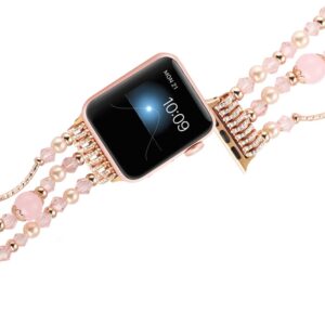 Suppeak Band Compatible with Apple Watch 38mm 40mm 41mm, Women Girl Elastic Handmade Pearl Bracelet Replacement for Series SE 7 6 5 4 3 2 1, Pink