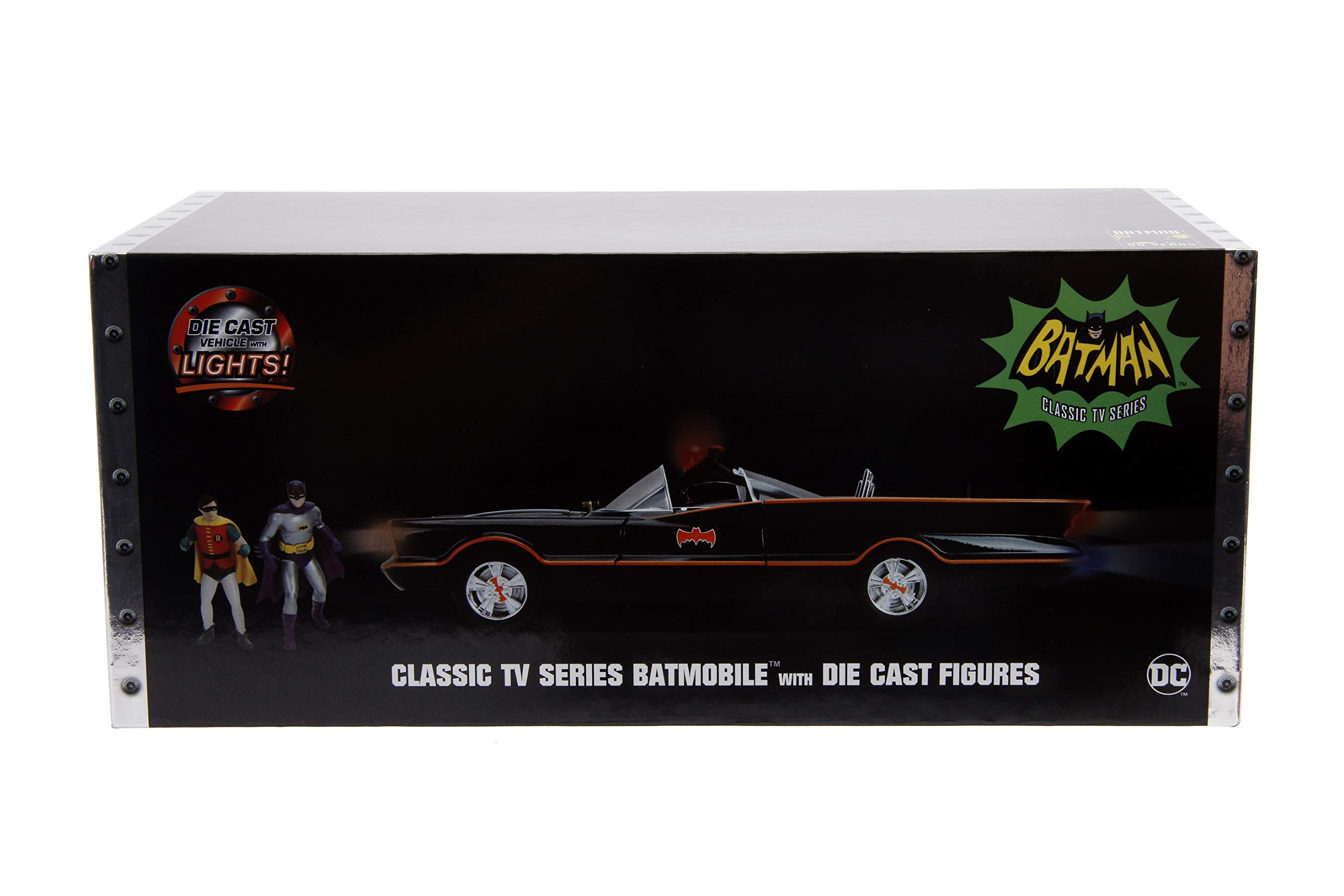 Jada 98625 DC Comics Classic TV Series Batmobile Die-cast Car, 1:18 Scale Vehicle & 3" Batman & Robin Collectible Figurine 100% Metal, Black