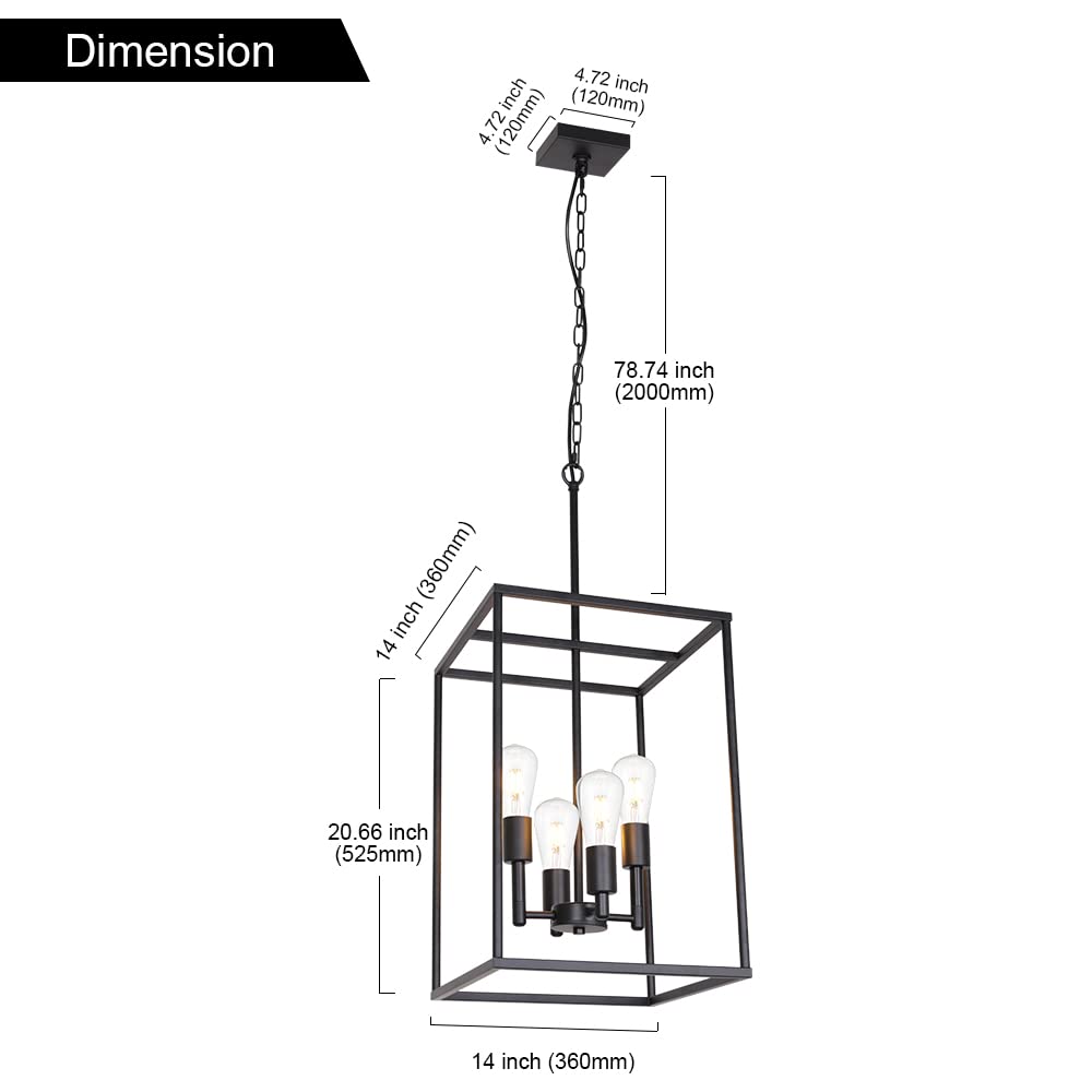 VINLUZ 4 Light Large Industrial Metal Farmhouse Pendant Light Black Square Wide Cage Chandelier with Painted Finish for Dining Room Foyer Living Room Cafe Bar