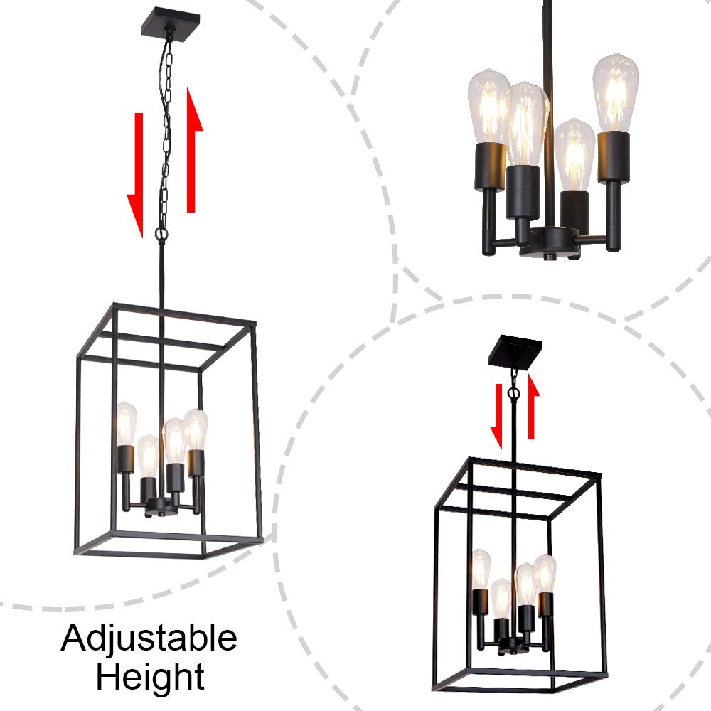 VINLUZ 4 Light Large Industrial Metal Farmhouse Pendant Light Black Square Wide Cage Chandelier with Painted Finish for Dining Room Foyer Living Room Cafe Bar
