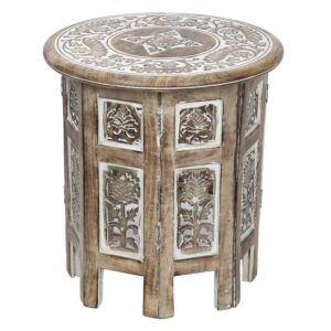 SAVON Small Rustic Wood Table Round White Side end Carved Indian Coffee Accent