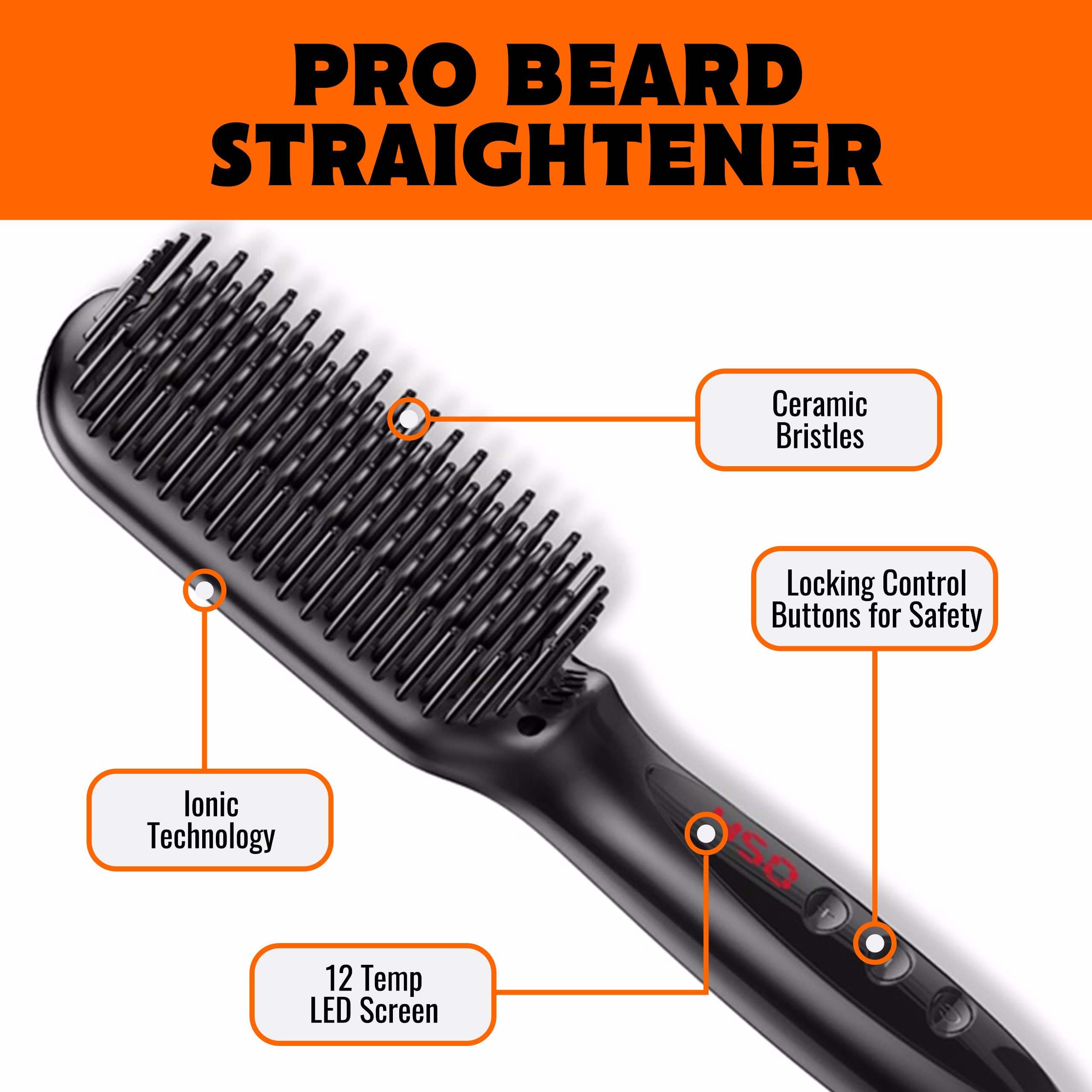 Tame The Wild Pro Beard Straightener for Men - Premium Heated Beard Brush - Anti-Scald Ionic Generator - 12 Temp Settings - LED Display - Best for Beards Over 2" Long