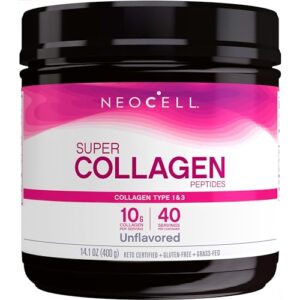 neocell super collagen peptides, 10g collagen peptides per serving, gluten free, keto friendly, non-gmo, grass fed, healthy hair, skin, nails and joints, unflavored powder, 14.1 oz., 1 canister