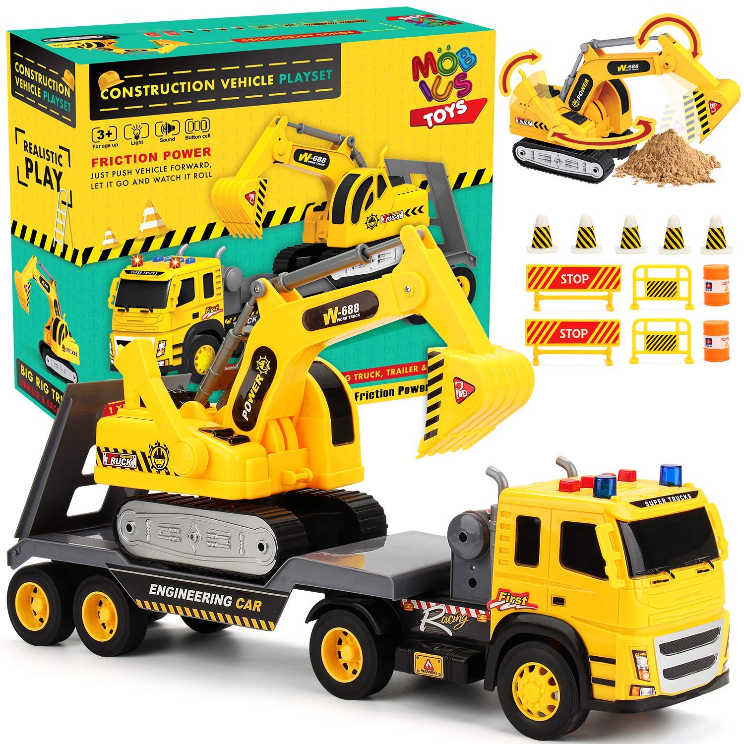 1:12 Scale Push and Go Excavator Flatbed Toy Truck for Kids - With Lights & Sounds