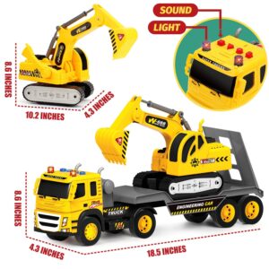 1:12 Scale Push and Go Excavator Flatbed Toy Truck for Kids - With Lights & Sounds