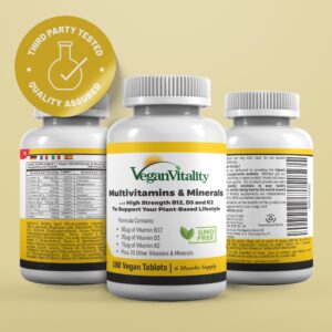 Vegan Multivitamins & Minerals for Women and Men with High Strength Vitamin B12, D3 & K2. 180 Multivitamin Tablets - 6 Months Supply. Vitamins for Vegans & Vegetarians