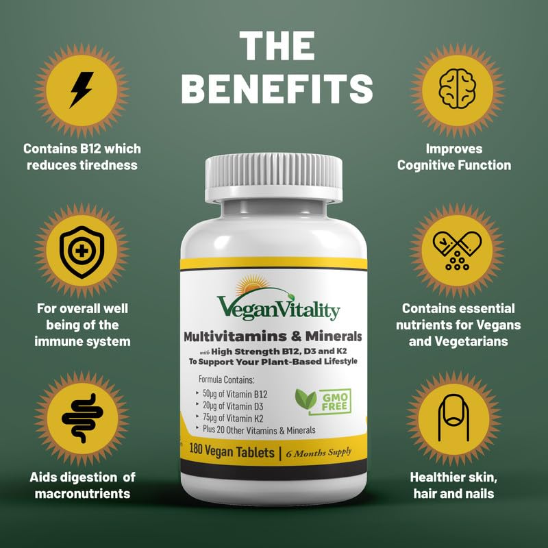 Vegan Multivitamins & Minerals for Women and Men with High Strength Vitamin B12, D3 & K2. 180 Multivitamin Tablets - 6 Months Supply. Vitamins for Vegans & Vegetarians