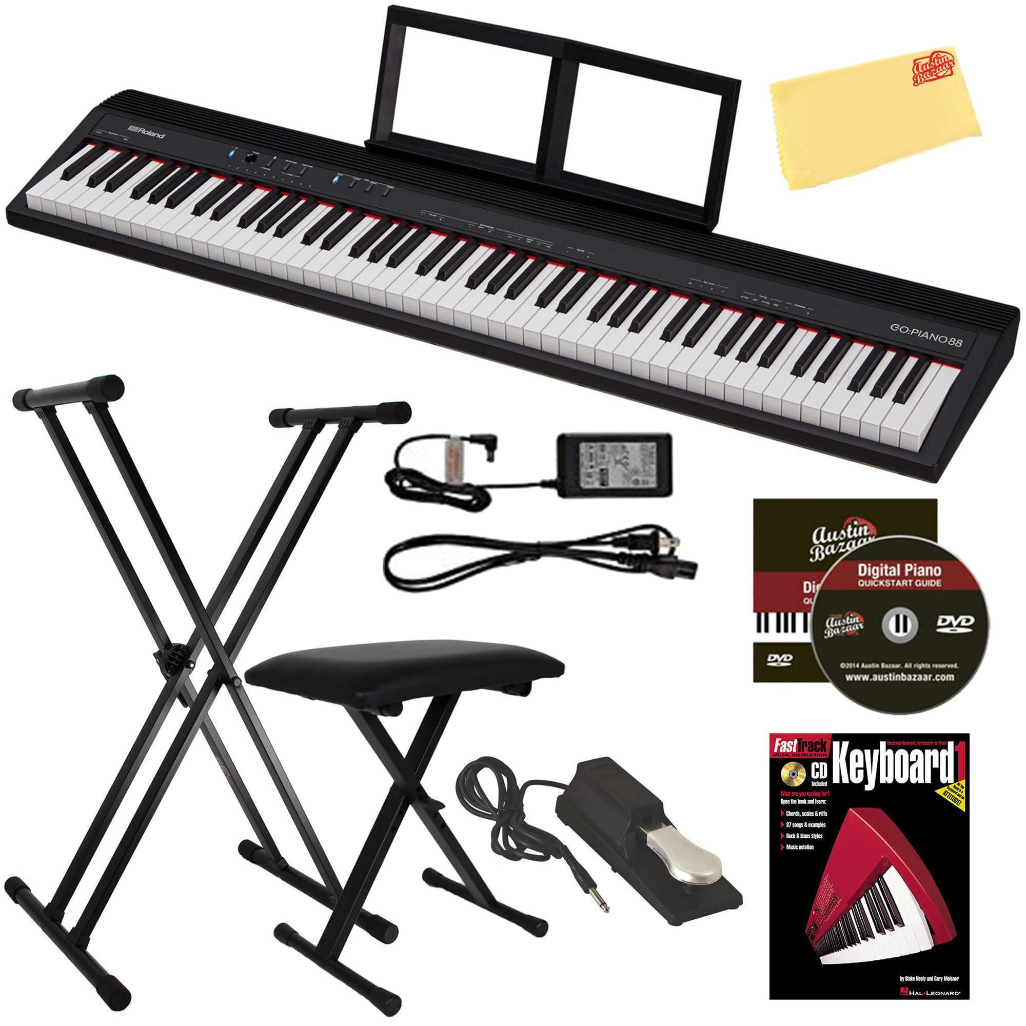 Roland GO:PIANO 88-Key Digital Piano Bundle with Adjustable Stand, Bench, Sustain Pedal, Instructional Book, Austin Bazaar Instructional DVD, Online Piano Lessons, and Polishing Cloth