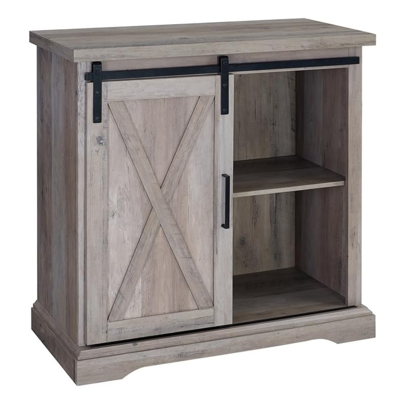 Pemberly Row 32" Farmhouse Sliding Barn Door Wood Accent Chest Home Coffee Station Buffet Storage Cabinet in Gray Wash