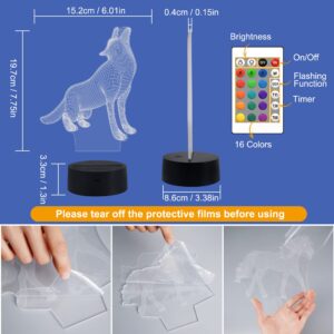 FULLOSUN Wolf Gift 3D Light, Optical Illusion Bedside Night Lamp, 16 Color Changing with Remote Control Creative Room Decor Best Birthday for Kids Boys Men