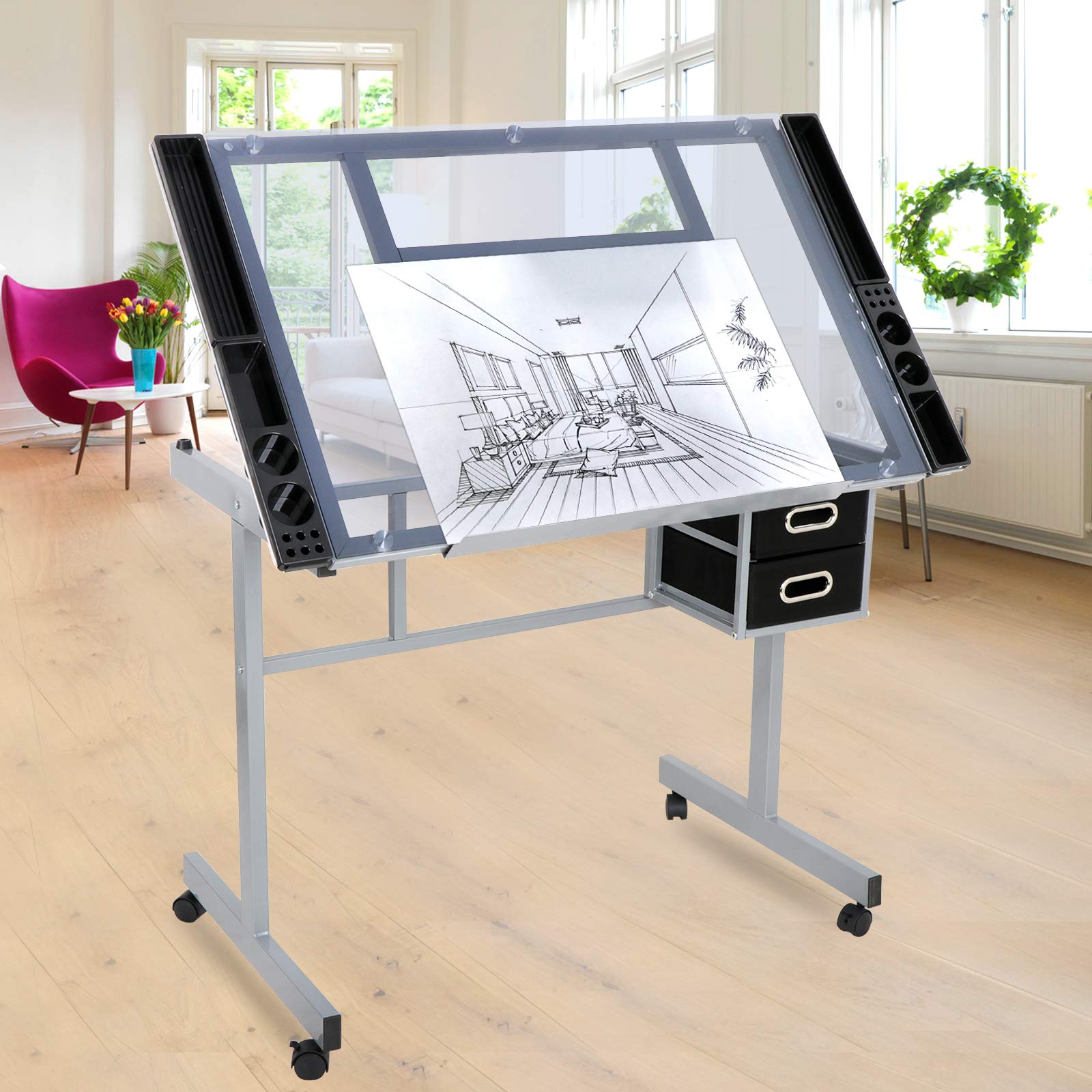 HomGarden Height Adjustable Drawing Desk Glass Top Rolling Drafting Table Art Craft Draft Station Home Office Workstation w/Drawers and Wheels