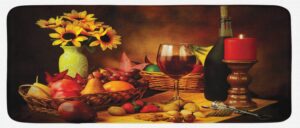 lunarable winery kitchen mat, still life image of red wine flowers fruits and nuts with candle romantic evening, plush decorative kitchen mat with non slip backing, 47" x 19", vermilion yellow