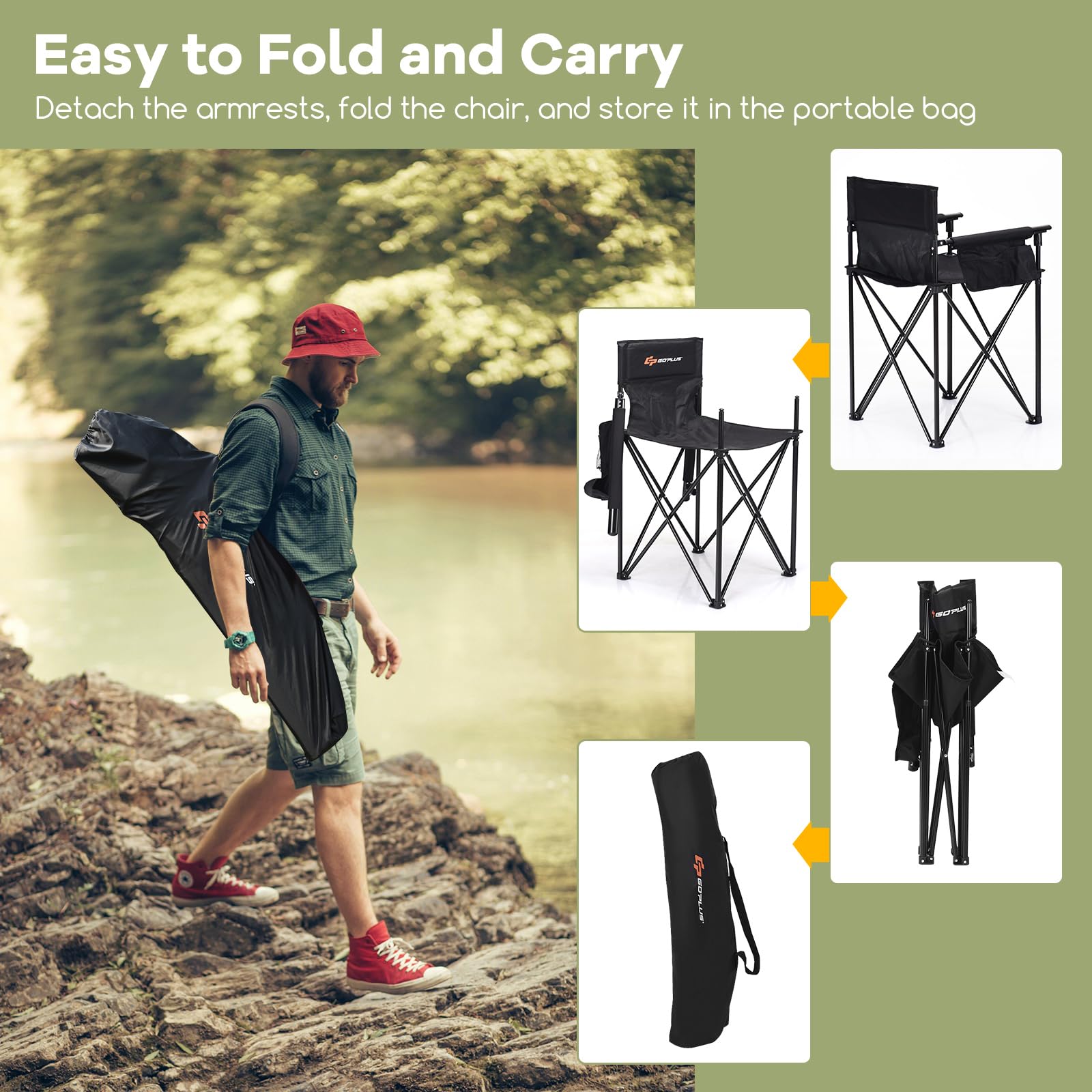 Goplus Folding Camping Chair, Outdoor Portable Beach Chair Heightened Design w/Detachable Armrests, Storage Pouches & Carrying Bag for Fishing, Picnic, Lawn (Black, 250LBS Weight Capacity)