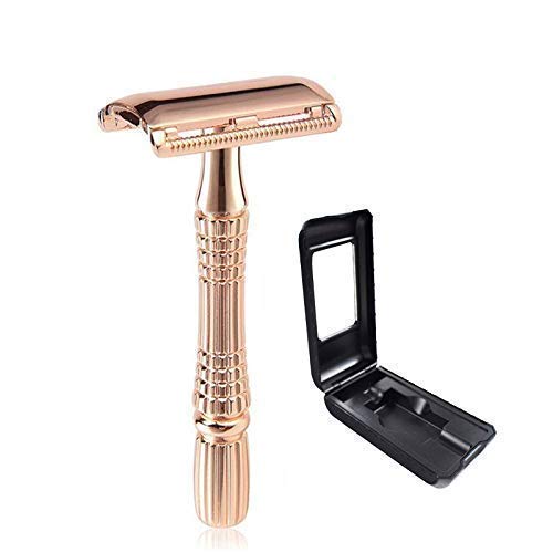 Rose Gold Safety Razor with Travel Case Sicastar® Double Edge Razor (Includes 5 Reusable Razor Blades), Men's Shaving Safety Razor for Women and Men Texture Handle for Comfortable Grip