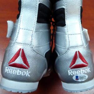 Sports Memorabilia Floyd Mayweather Jr. Autographed Reebok Silver Boxing Shoes Beckett BAS Stock #121801 - Autographed Boxing Equipment