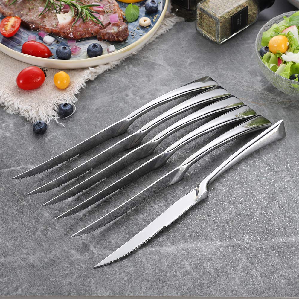 Lemeya 6 Pieces Steak Knives Set of 6,Stainless Steel Standing Steak Knife,Ultra-Sharp Serrated Steak Knives-10 Inch,Mirror Polished,Dishwasher Safe