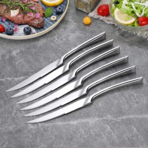 Lemeya 6 Pieces Steak Knives Set of 6,Stainless Steel Standing Steak Knife,Ultra-Sharp Serrated Steak Knives-10 Inch,Mirror Polished,Dishwasher Safe