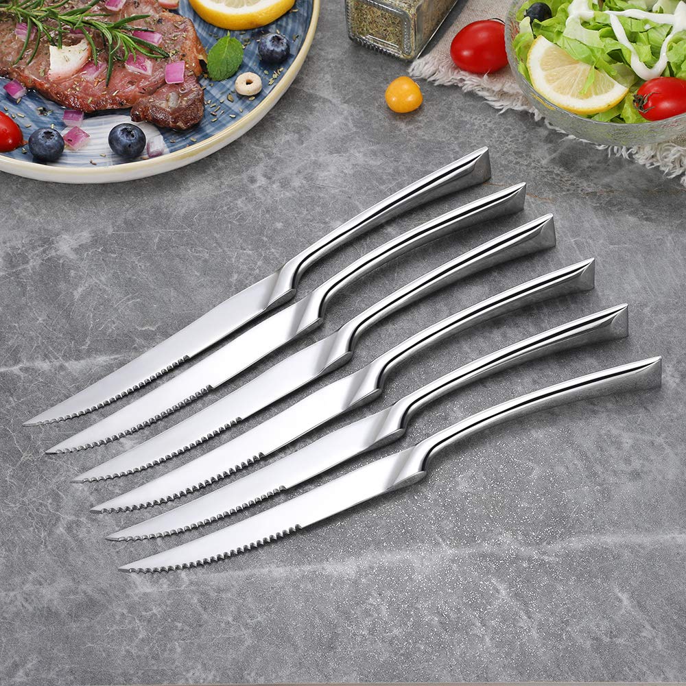 Lemeya 6 Pieces Steak Knives Set of 6,Stainless Steel Standing Steak Knife,Ultra-Sharp Serrated Steak Knives-10 Inch,Mirror Polished,Dishwasher Safe