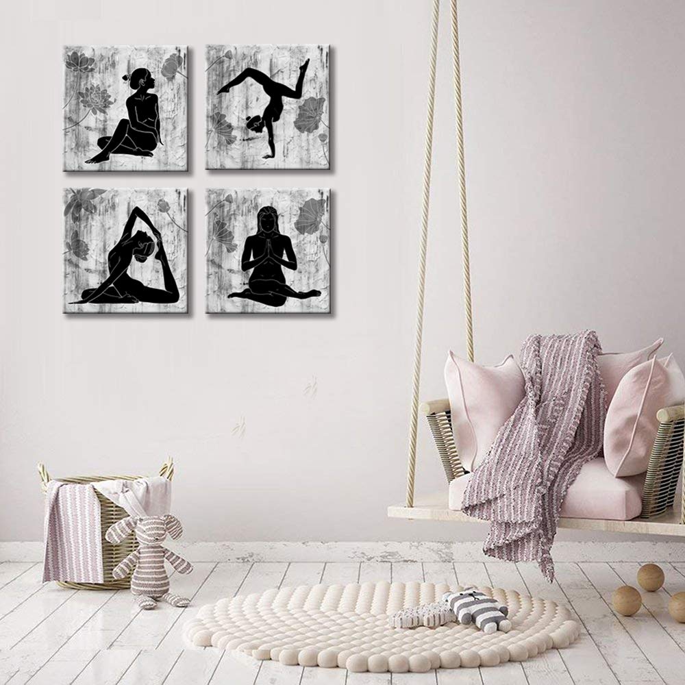 Kolo Wall Art Abstract Yoga Wall Art Canvas Prints 4 Panels Black and White Zen Painting Picture with Lotus Flower Modern Wall Decor Framed for Home Wall Decoration 12"x12"x4 pcs (12"x12"x4 Panels)