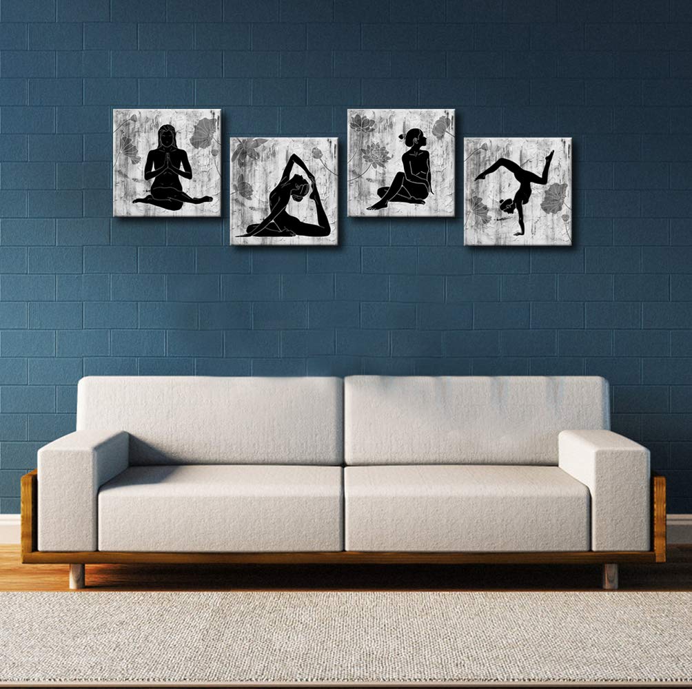 Kolo Wall Art Abstract Yoga Wall Art Canvas Prints 4 Panels Black and White Zen Painting Picture with Lotus Flower Modern Wall Decor Framed for Home Wall Decoration 12"x12"x4 pcs (12"x12"x4 Panels)