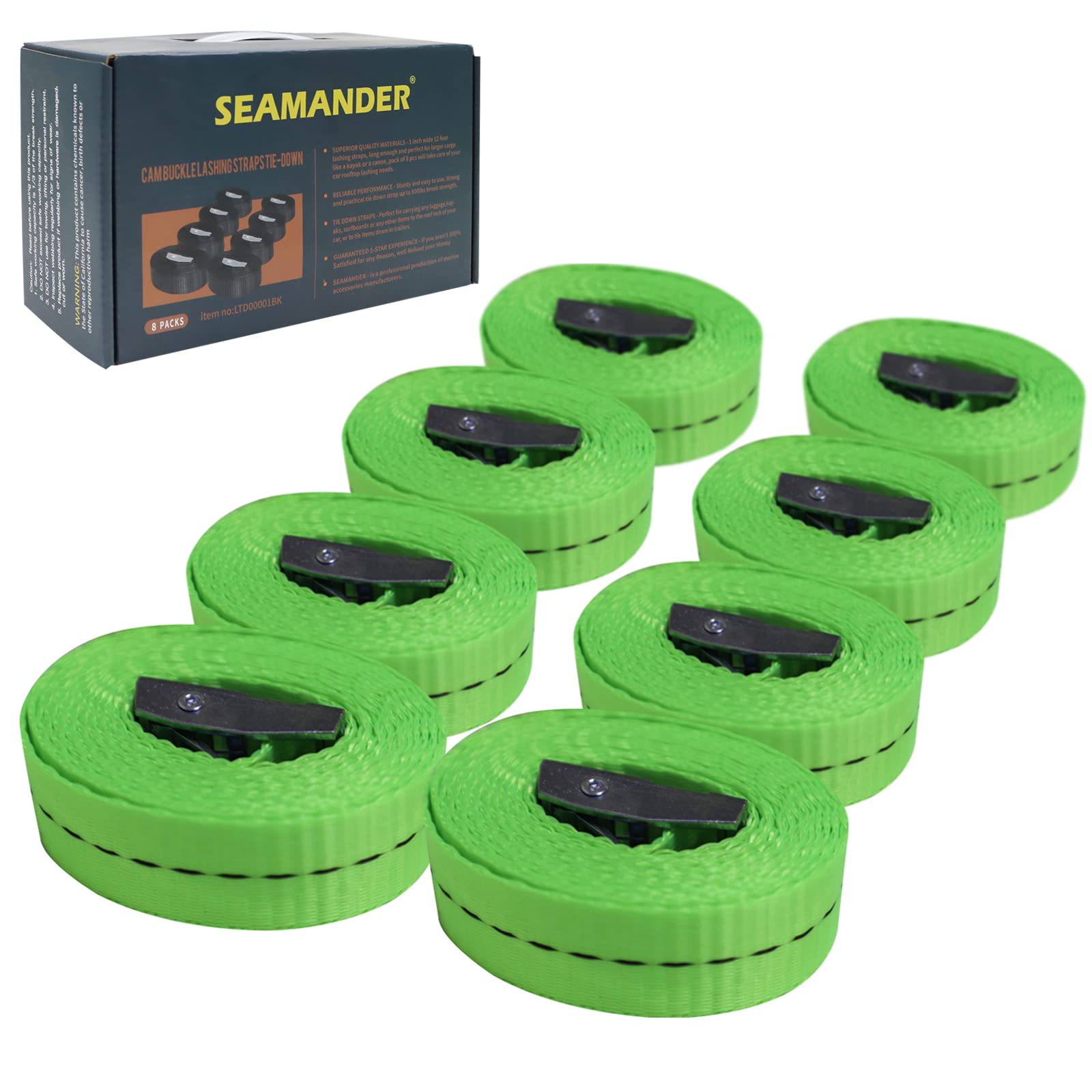 Seamander 1" x 12' Lashing Straps up to 600lbs, Made of Zinc Alloy & High Tenacity Polyester,Surfboard Kayak SUP Cargo Tie Down 8pk(Green)