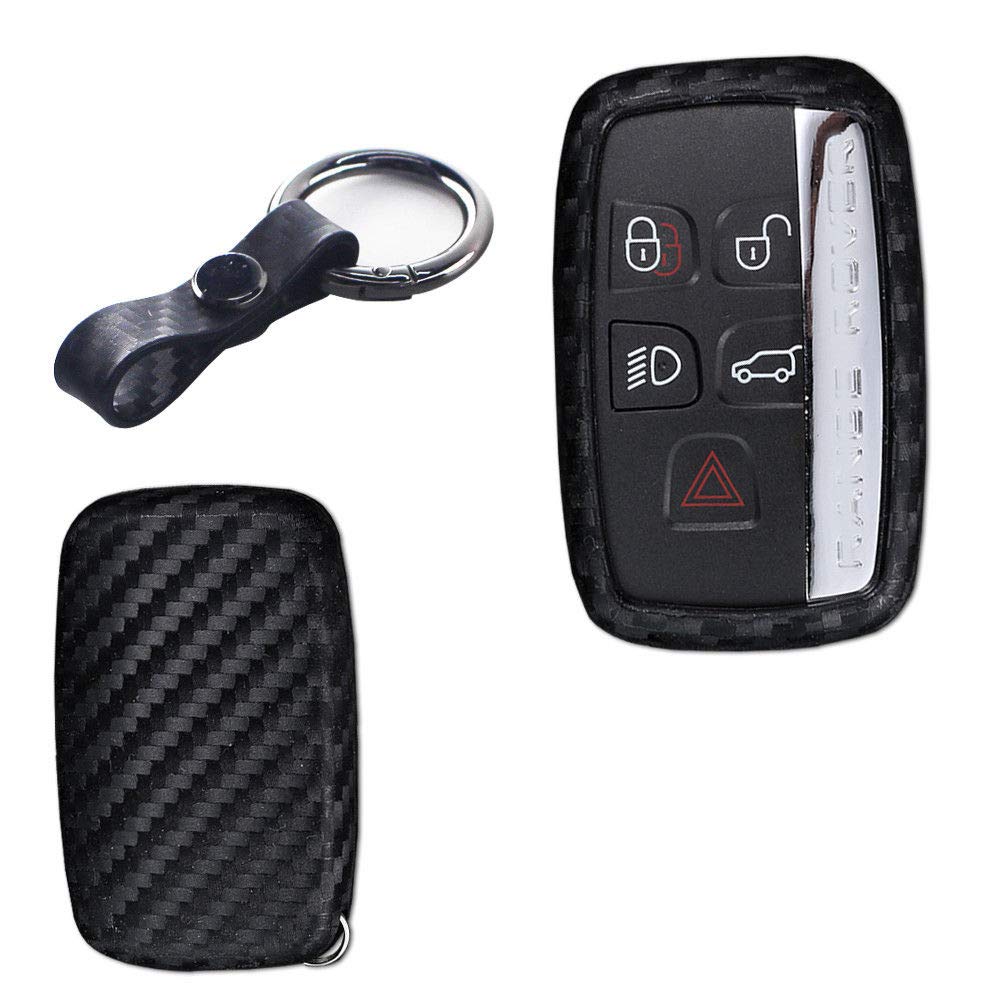 Xotic Tech Carbon Fiber Pattern Soft Silicone Key Fob Shell Skin Cover w/ Keychain, Compatible with Land Rover Range Rover Discovery LR2 LR3 LR4 or Jaguar XE XF XJ F-Typ F-Pace Smart Keyless Entry Key