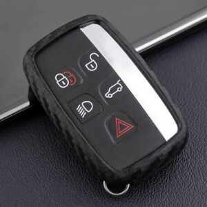 Xotic Tech Carbon Fiber Pattern Soft Silicone Key Fob Shell Skin Cover w/ Keychain, Compatible with Land Rover Range Rover Discovery LR2 LR3 LR4 or Jaguar XE XF XJ F-Typ F-Pace Smart Keyless Entry Key