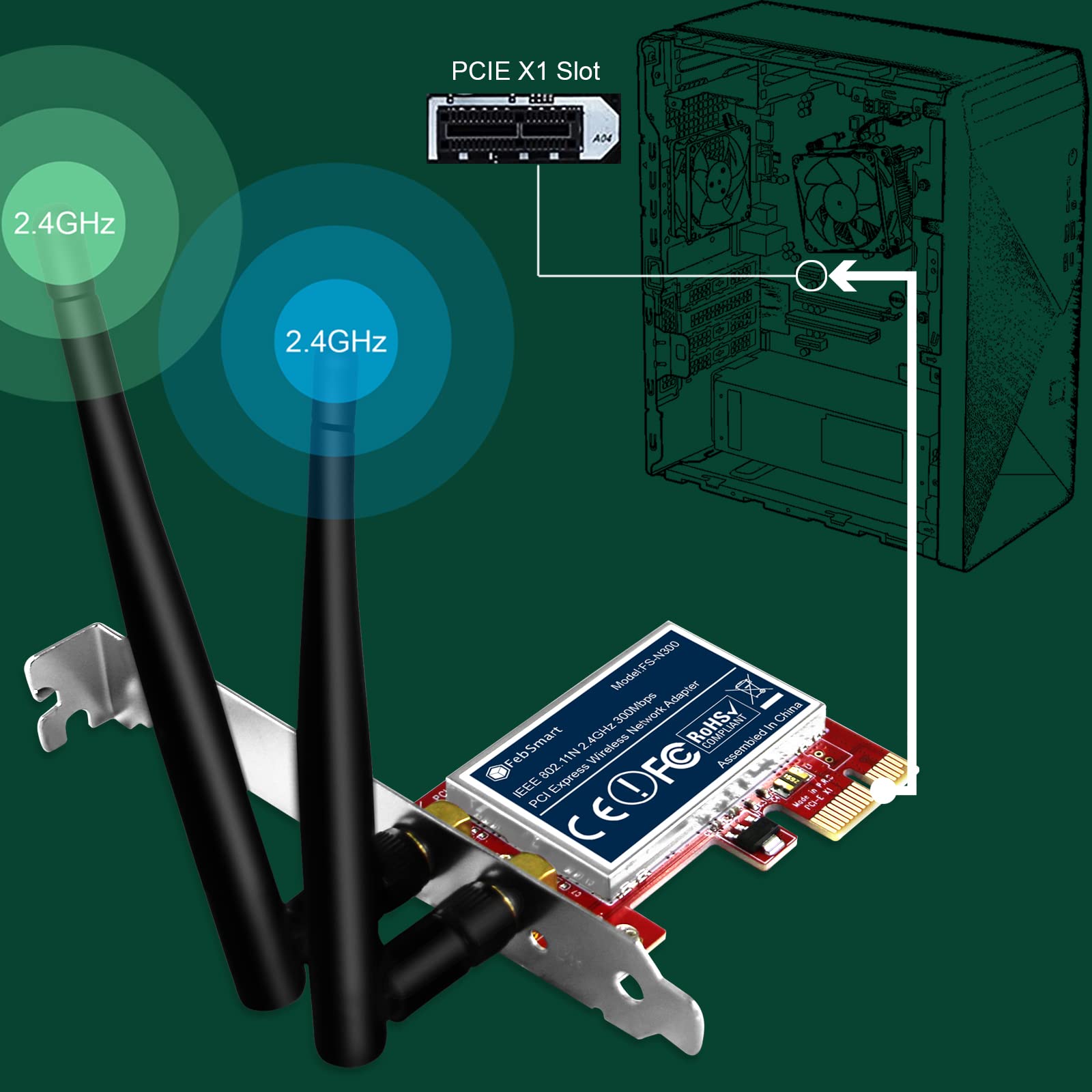 FebSmart Wireless N 2.4GHz 300Mbps PCIE Wireless Network Adapter for Windows 11, 10, 8.1, 8, 7, XP (32/64bit), Windows Server and Linux PCs, PCIE WiFi Card, PCIE WiFi Adapter (FS-N300)