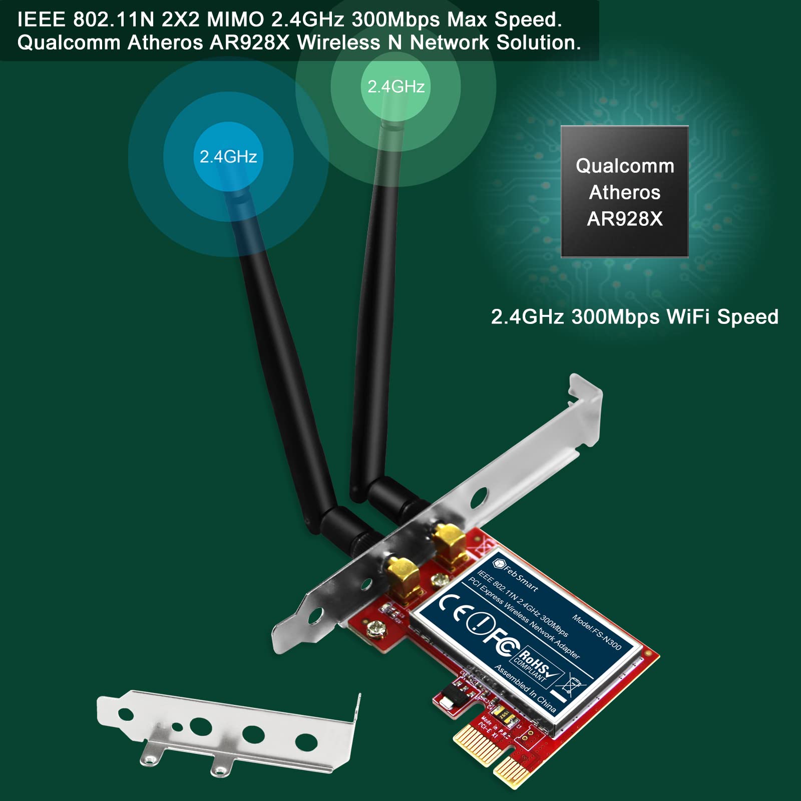 FebSmart Wireless N 2.4GHz 300Mbps PCIE Wireless Network Adapter for Windows 11, 10, 8.1, 8, 7, XP (32/64bit), Windows Server and Linux PCs, PCIE WiFi Card, PCIE WiFi Adapter (FS-N300)