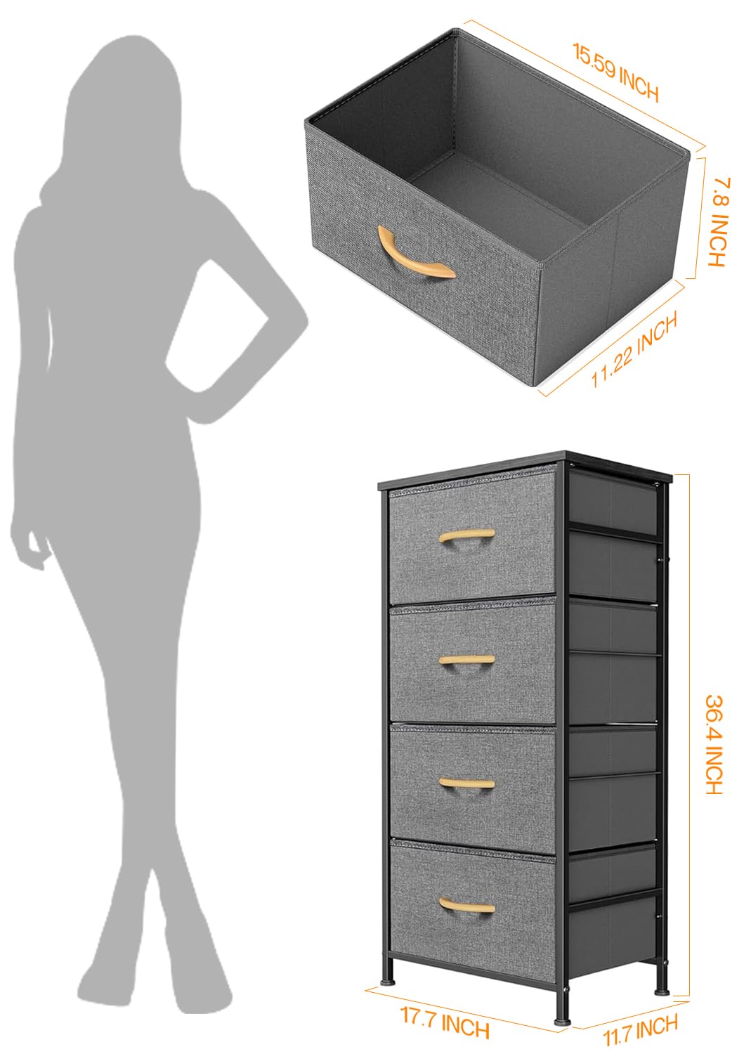 ROMOON Dresser for Bedroom, Storage Tower with 4 Drawers, Fabric Dresser with Easy Pull Handle, Clothes Organizer for Living Room, Hallway, Entryway, Closets (Dark Grey)