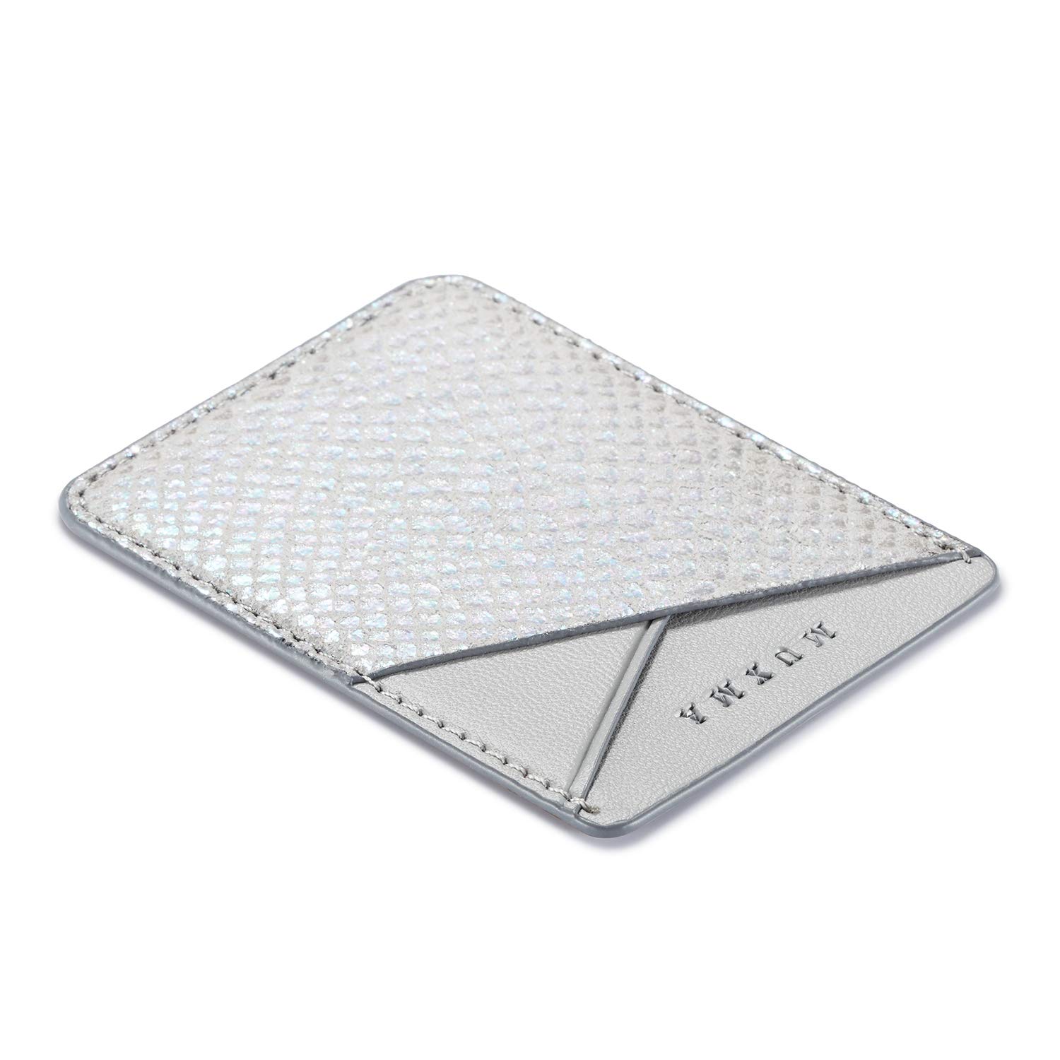 LUVI Phone Wallet Sticker Card Holder for Phone Case Credit Card Holder for Back of Phone Pocket Sleeves Stick on PU Leather Wallet with Glossy Snake Skin Silver