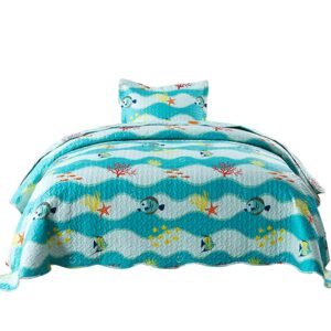 TT LINENS 2 Piece Kids Quilt Set Lightweight Bedspread Decoration Throw Blanket Teens Boys Girls Bed Printed Beach Sea Sea Life Bedding Coverlet Comforter Set/ 277 Fish Quilt (Twin)