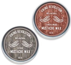 viking revolution mustache wax 2 pack - beard & moustache wax for men - strong hold helps train tame & style (citrus & sandalwood, 2 pack)