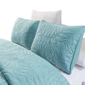 GrandLinen 3-Piece Leaf Pattern Bedspread Sets - Savannah Quilt Set in Solid Spa Blue King size 118"X106" Oversize Lightweight Coverlet with 2 Pillow Shams - Soft Microfiber