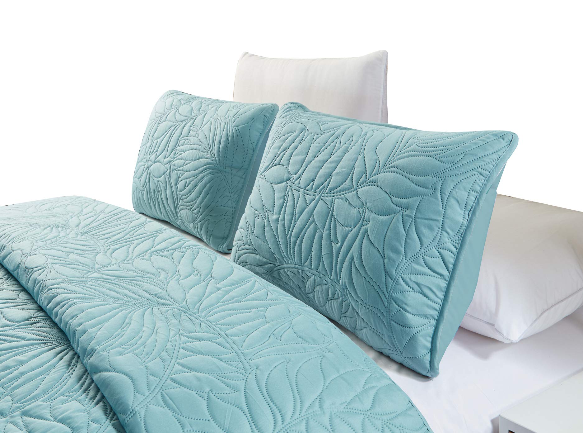 GrandLinen 3-Piece Leaf Pattern Bedspread Sets - Savannah Quilt Set in Solid Spa Blue King size 118"X106" Oversize Lightweight Coverlet with 2 Pillow Shams - Soft Microfiber