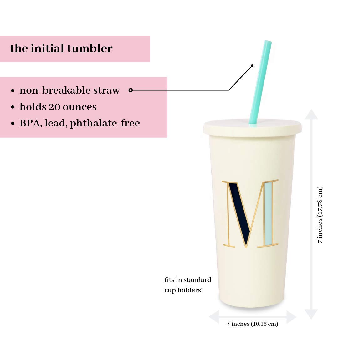 Kate Spade New York Insulated Initial Tumbler with Reusable Straw, 20 Ounce Acrylic Travel Cup with Lid, M (Blue)