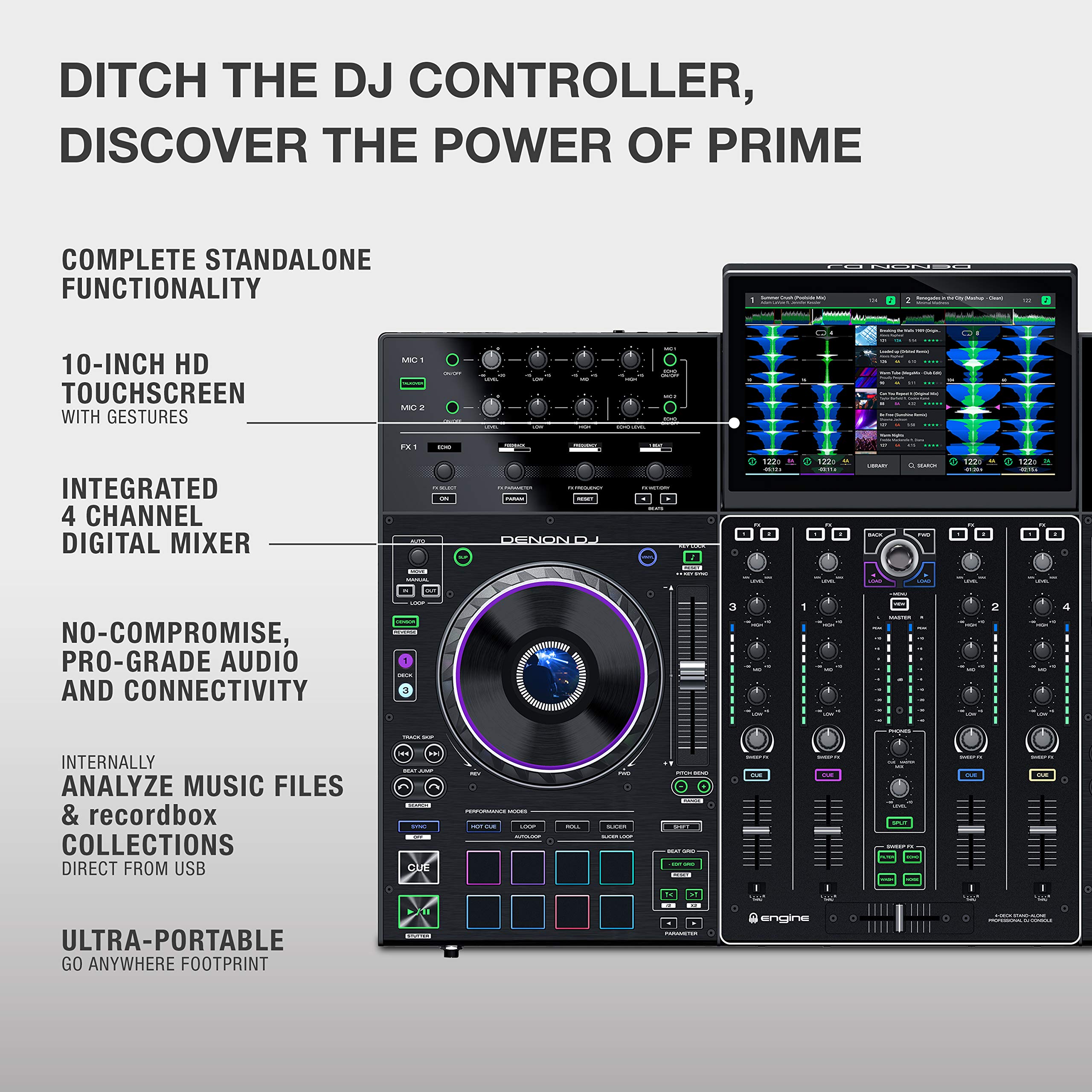 Denon DJ PRIME 4 - 4 Deck Standalone Smart DJ Console / Serato DJ Controller with Built In 4 Channel Digital Mixer and 10-Inch Touchscreen