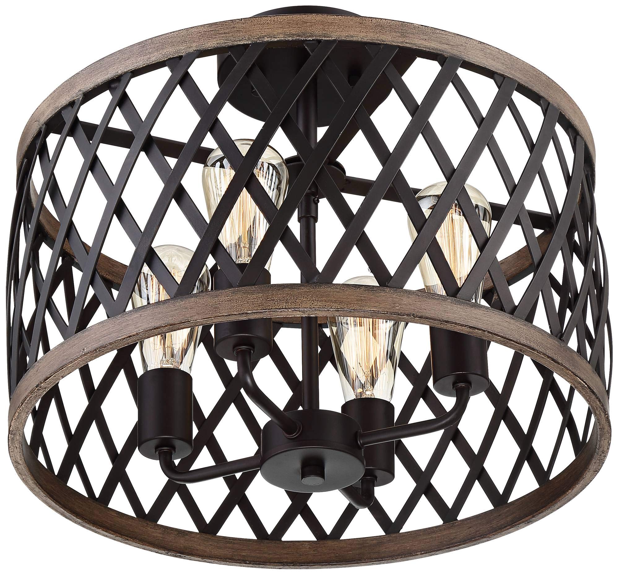 Franklin Iron Works Trey Farmhouse Rustic Close to Ceiling Light Semi Flush Mount Fixture 16" Wide 4-Light Bronze Woodgrain Drum Shade for Bedroom Hallway Living Room Dining Room Bathroom Kitchen