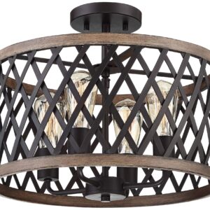 Franklin Iron Works Trey Farmhouse Rustic Close to Ceiling Light Semi Flush Mount Fixture 16" Wide 4-Light Bronze Woodgrain Drum Shade for Bedroom Hallway Living Room Dining Room Bathroom Kitchen