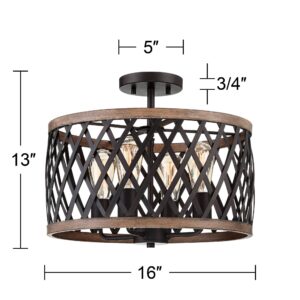 Franklin Iron Works Trey Farmhouse Rustic Close to Ceiling Light Semi Flush Mount Fixture 16" Wide 4-Light Bronze Woodgrain Drum Shade for Bedroom Hallway Living Room Dining Room Bathroom Kitchen