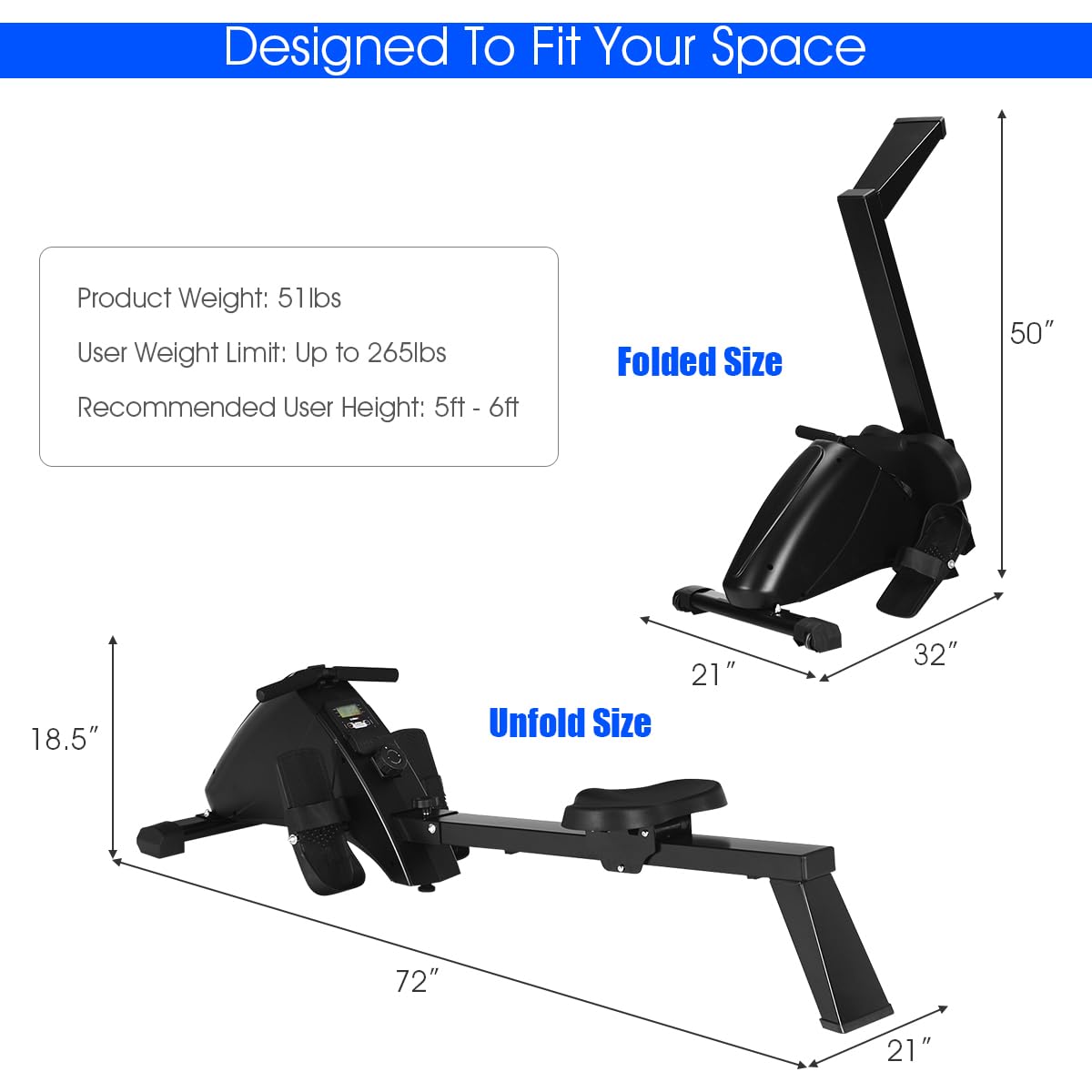 Goplus Magnetic Rowing Machine, Foldable Rower with 10-Level Tension Resistance System, LCD Monitor, Transport Wheels, Full Body Exercise for Home Use (Black)