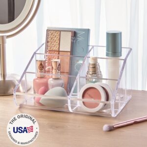 STORi Clear Plastic Vanity Makeup Organizer | 6-Compartment Holder for Brushes, Eyeshadow Palettes, & Beauty Supplies | Curved Front Design | Made in USA