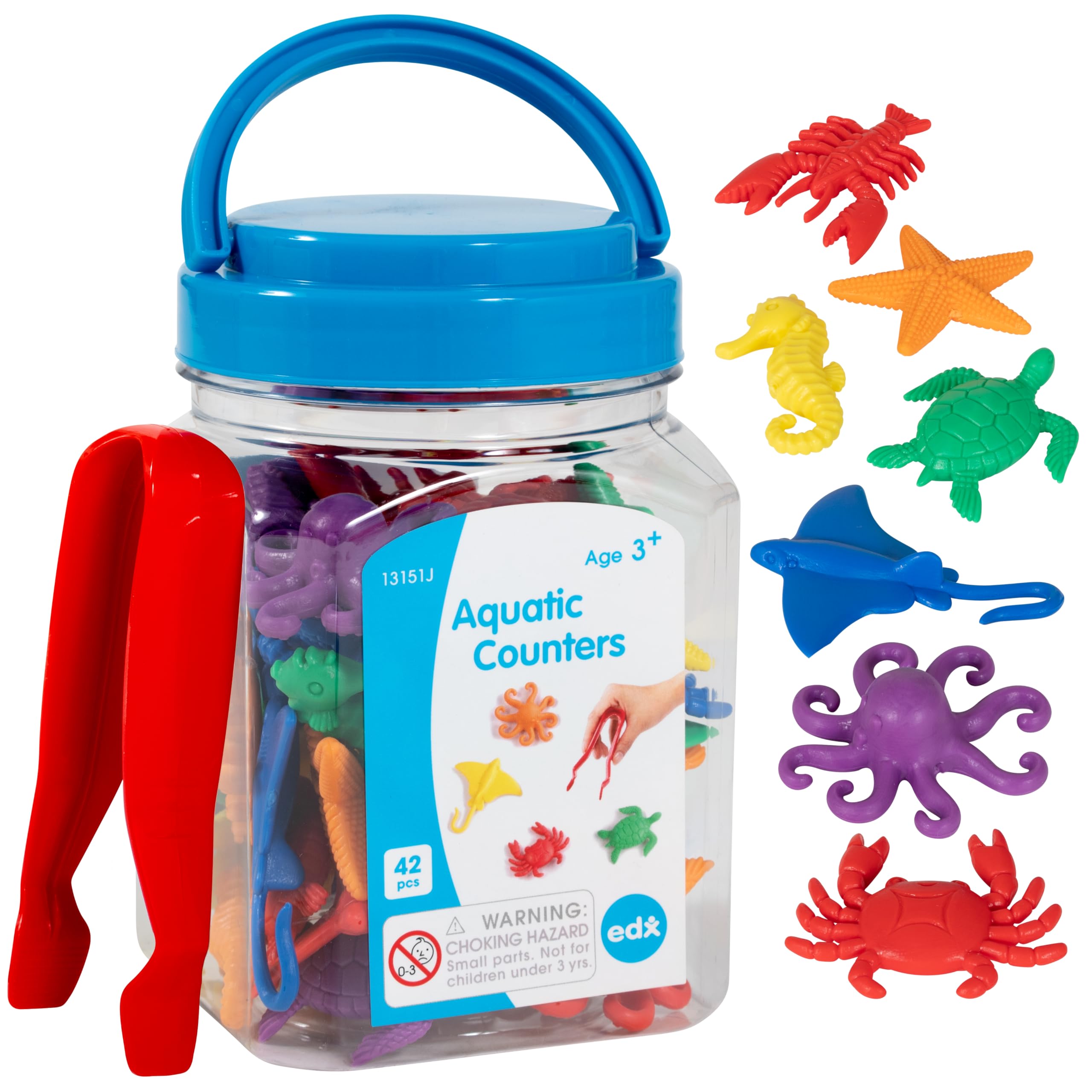 edxeducation-13151 Aquatic Counters - Mini Jar Set of 42 - Learn Counting, Colors, Sorting and Sequencing - Math Manipulative for Kids