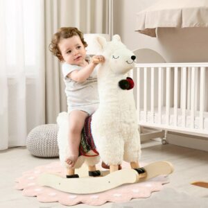 labebe - Baby Rocking Horse Wooden, Plush Stuffed Rocking Animals White, Kid Ride on Toys for 1-3 Years Old, Llama Rocking Horse for Girl&Boy, Toddler/Infant Rocker for Nursery, Kid Riding Toys/Horse