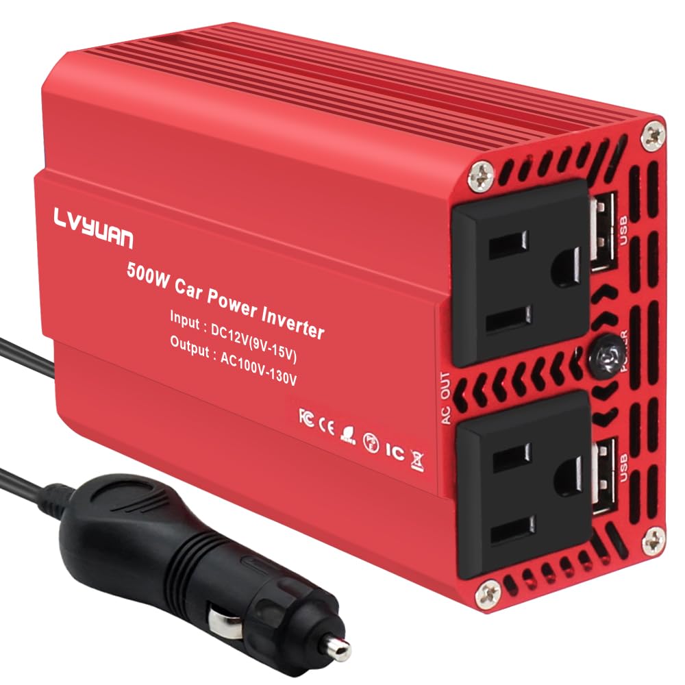 Yinleader 500W Car Power Inverter DC 12V to 110V AC Car Converter with 2 USB Charging Ports, Power Converter with 2 AC Outlets Car Charger, Car Adapter (500W)